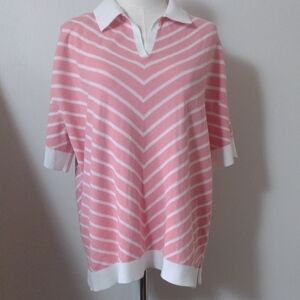 1X(16W-18W) Lands End Wms Cotton Pink and White Striped V-Neck Polo Knit Stretch